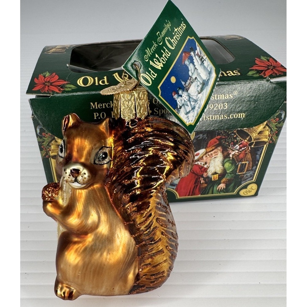 Old World Christmas 2002 Squirrel Glass Ornament Merck Family Box Tag Acorn